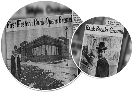 Old news clippings from newspapers regarding First Western Bank & Trust's ground breakings.