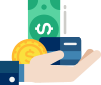 Cartoon image of a hand holding different types of currency.